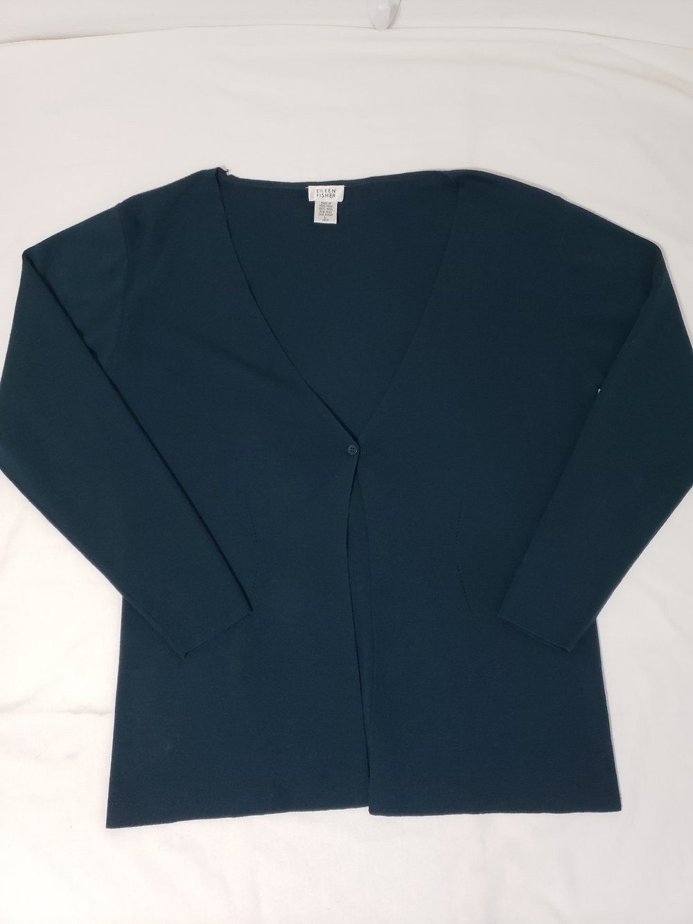 Eileen Fisher 100% Wool Long Cardigan Sweater Women’s L Teal Blue Minimalist - Picture 4 of 8